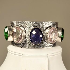 Statement 925 Faceted Amethyst Pink Topaz Green Quartz Large Bangle Bracelet